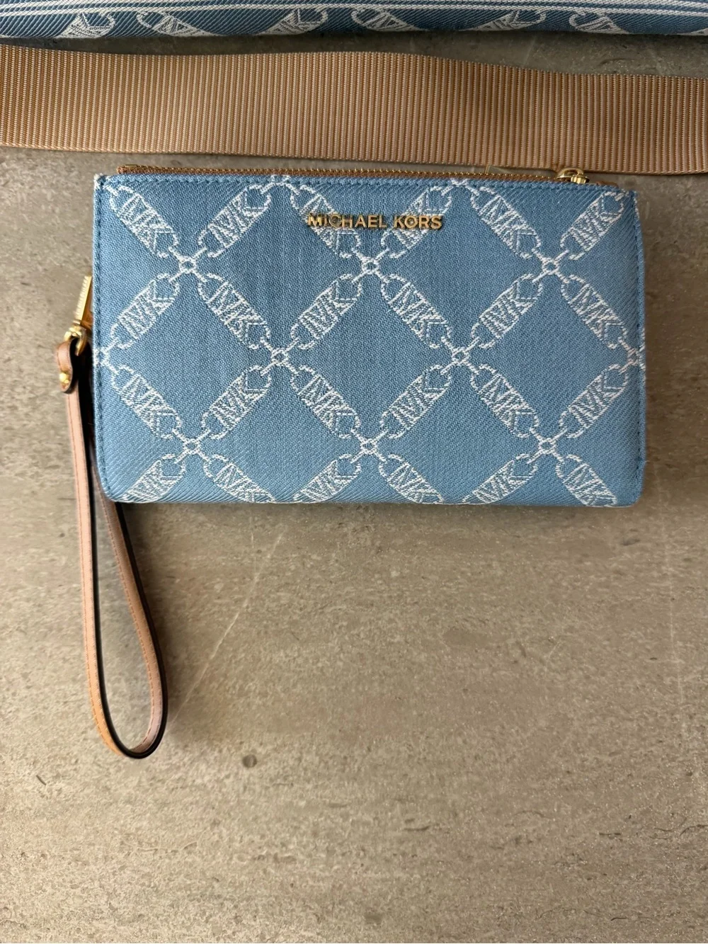 Michael Kors Light Blue Signature Canvas Tote with Tan Strap and wallet